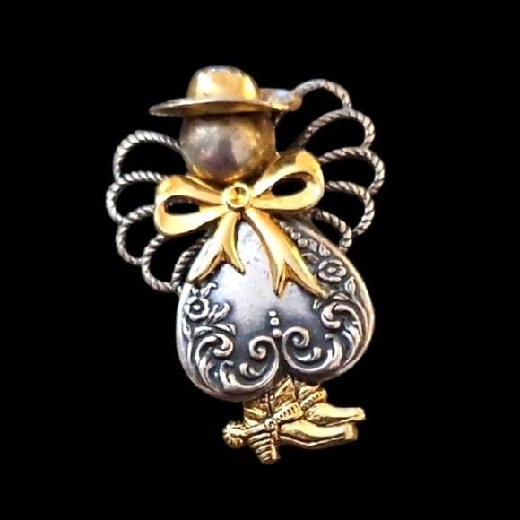 Artisan Jewelry - Elegant and ADORABLE Gold and Silver Angel Brooch with Hat, Boots And Bow